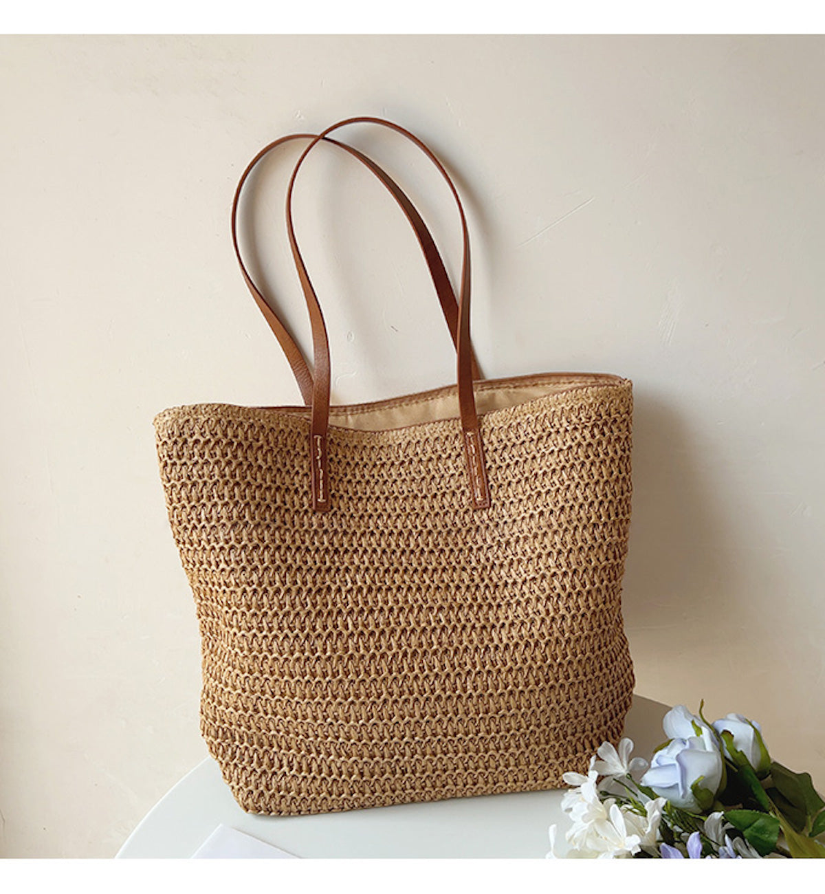SummerBreeze Tote - Sac Osier Stylé Anses en Cuir