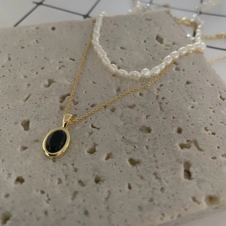 Aria - Collier superposable en onyx noir et perle