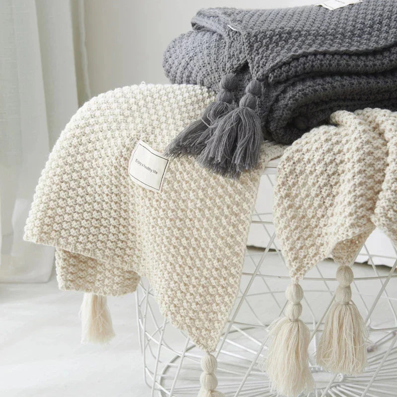 NordicCozy - Couverture en laine tissée à la main avec franges