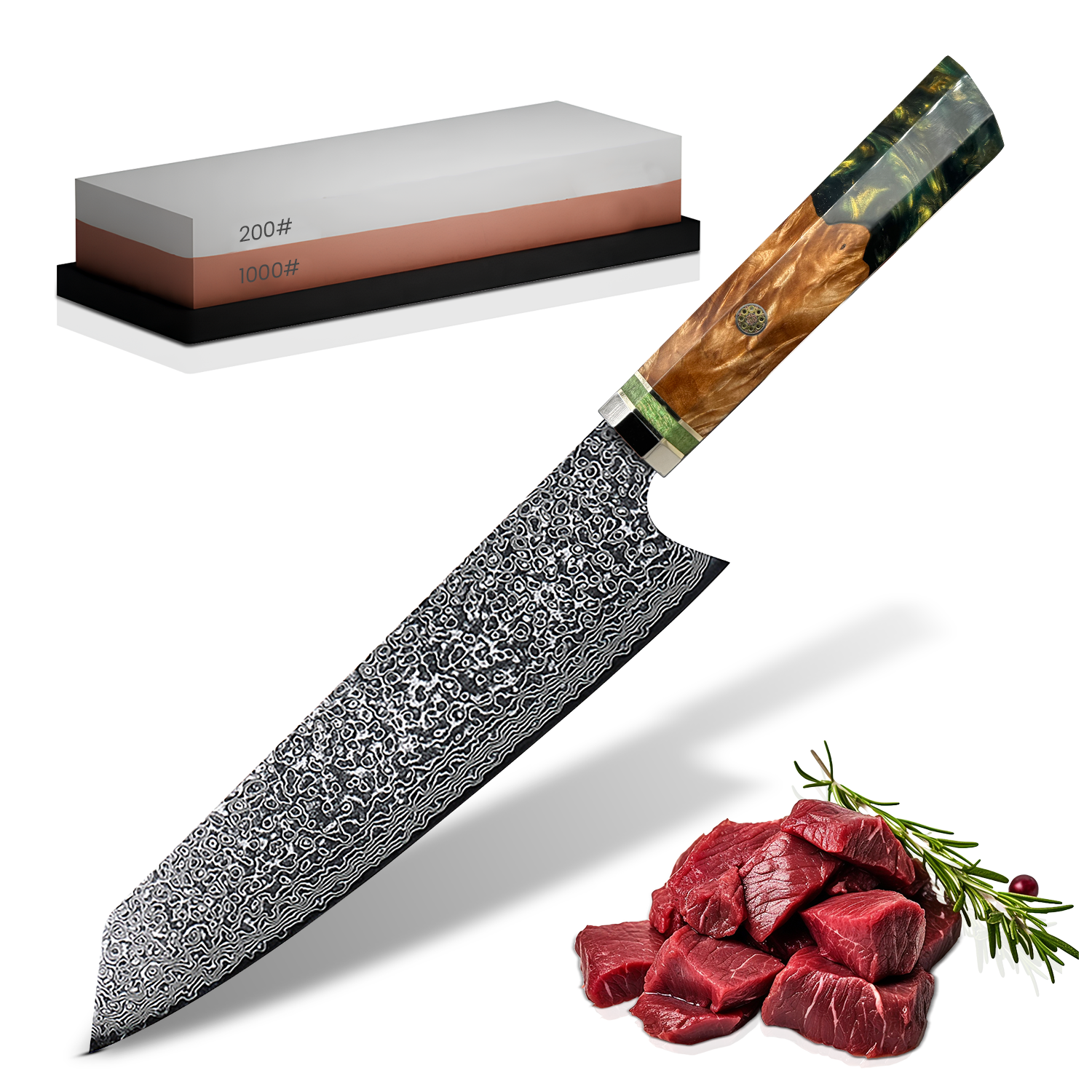 SmaragdMes - Couteau de Chef Japonais en Acier Damas