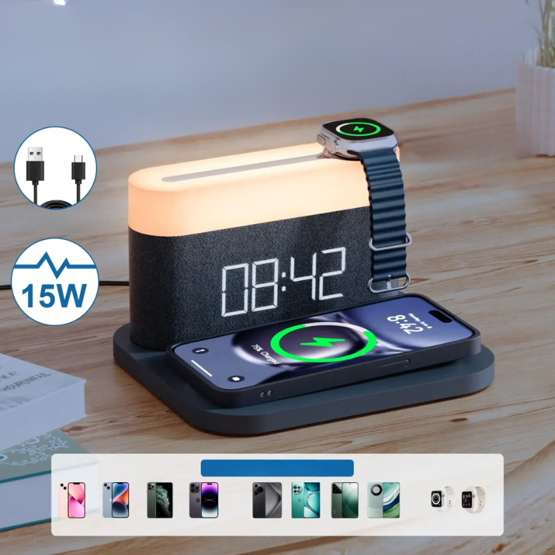 LuxeCharge Pro - Chargeur sans fil 15W avec veilleuse et fonction réveil