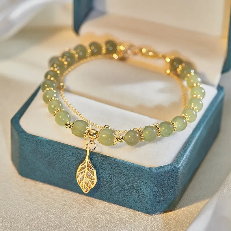 Bracelet feuille de jade doré 18K réglable, équilibre