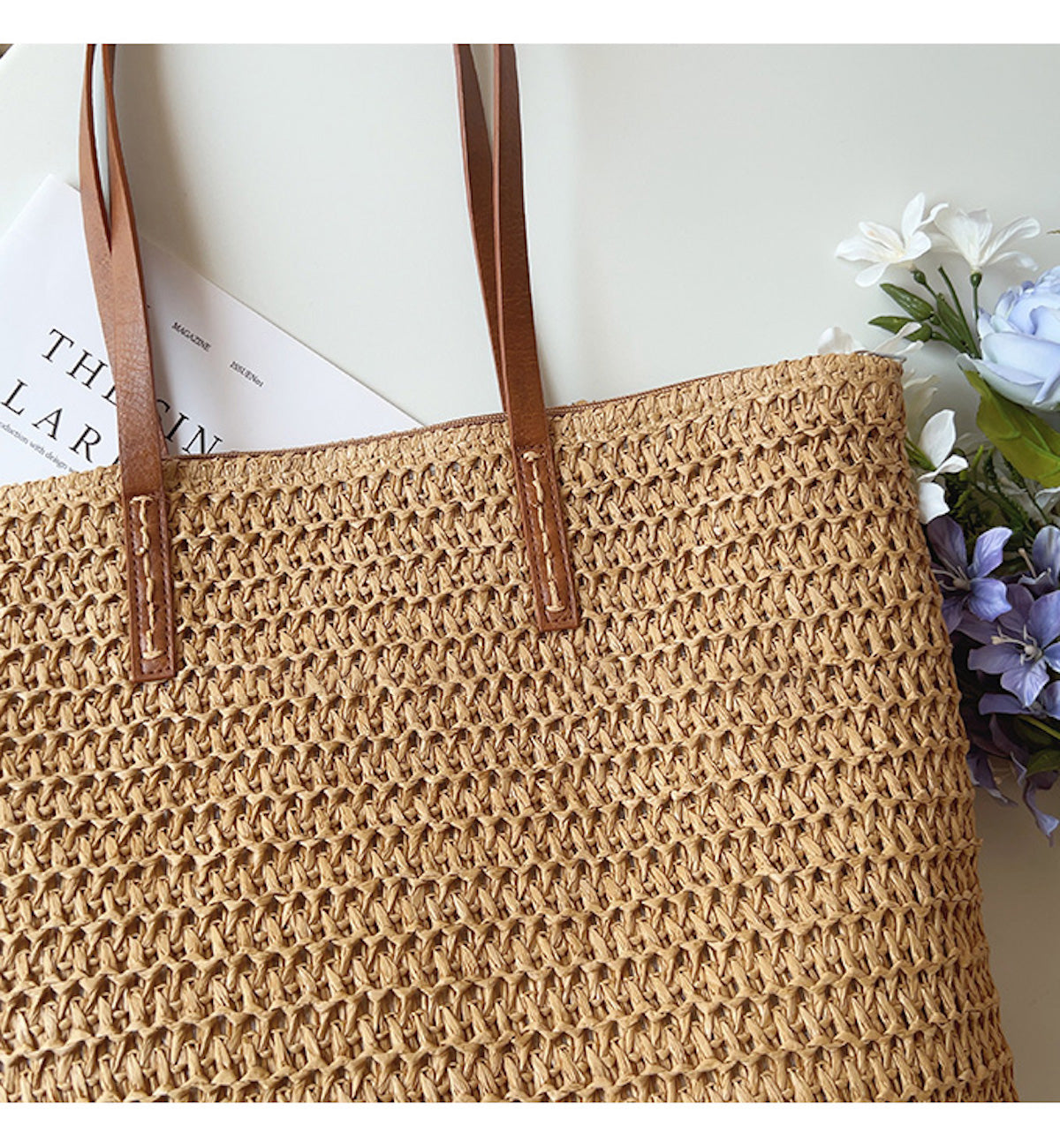 SummerBreeze Tote - Sac Osier Stylé Anses en Cuir
