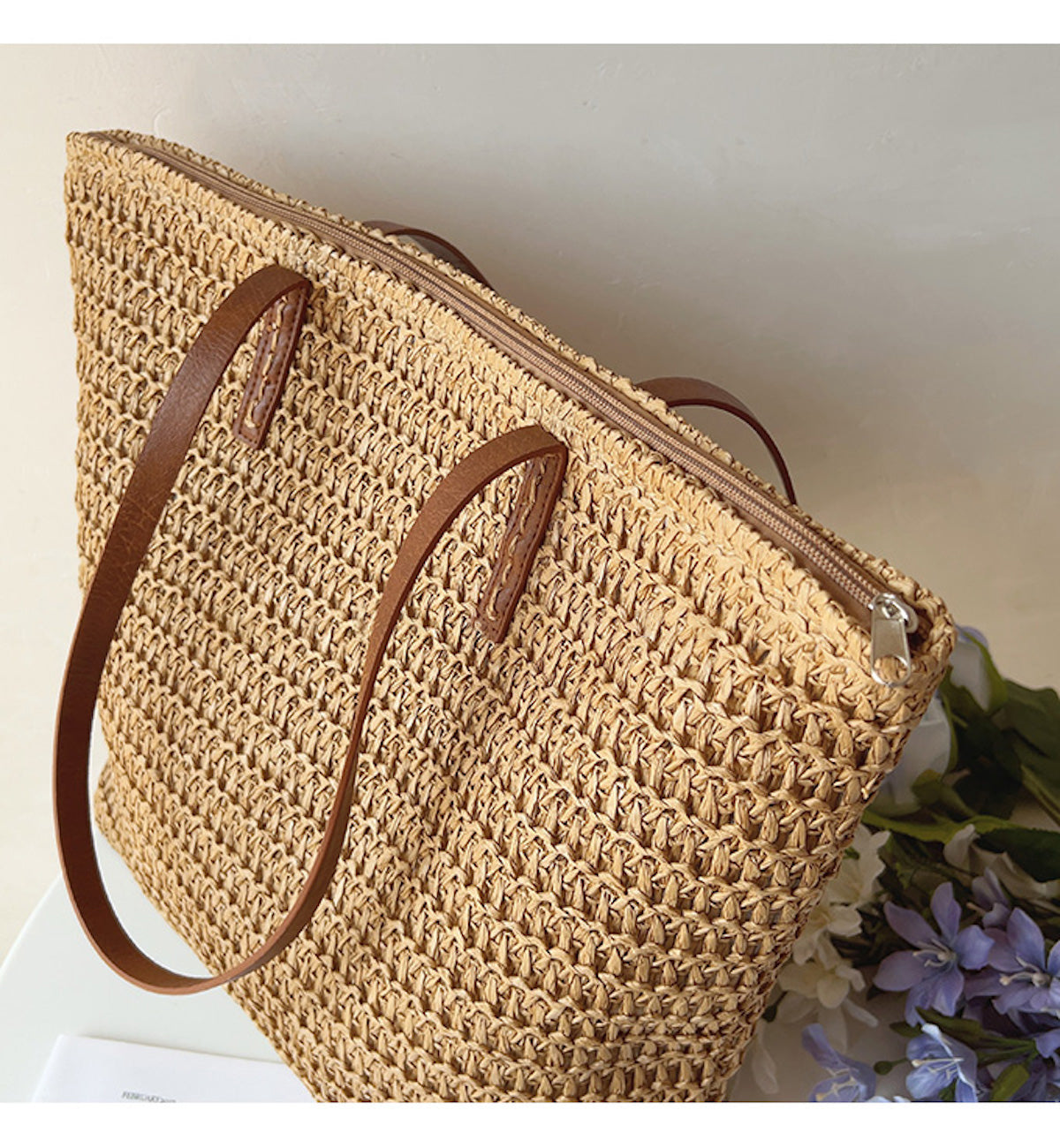 SummerBreeze Tote - Sac Osier Stylé Anses en Cuir