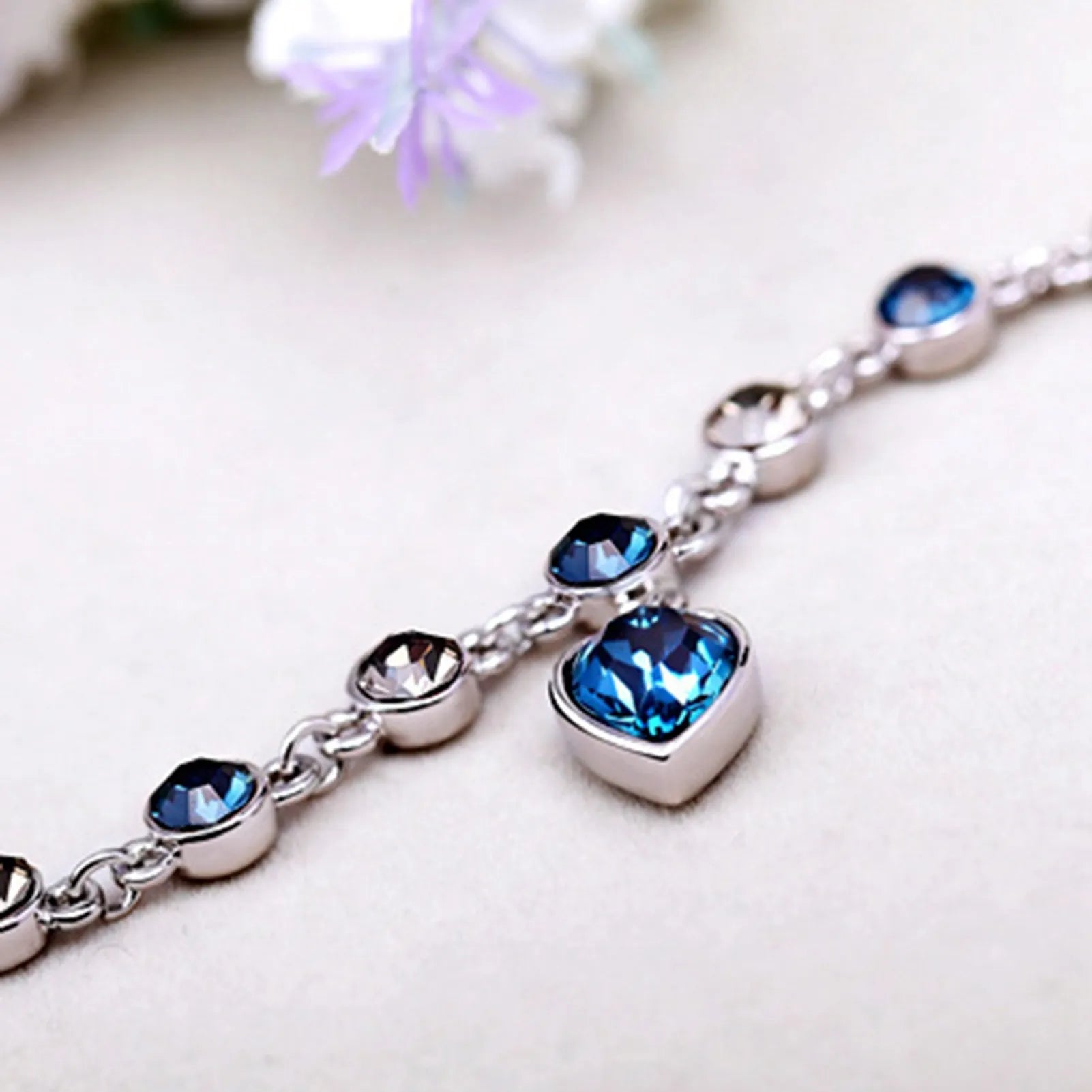 Bracelet Cristal Cœur Océan - Charme Bleu Zirconia