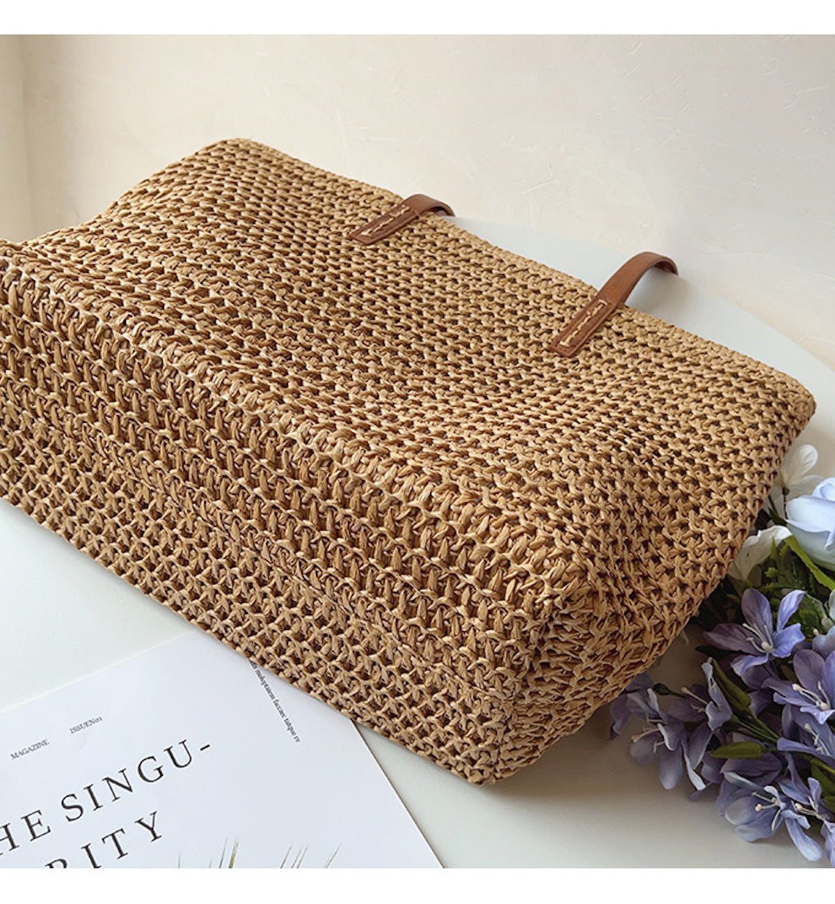 SummerBreeze Tote - Sac Osier Stylé Anses en Cuir