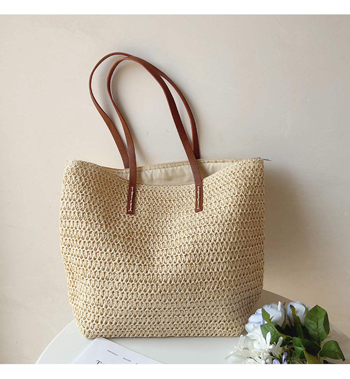 SummerBreeze Tote - Sac Osier Stylé Anses en Cuir