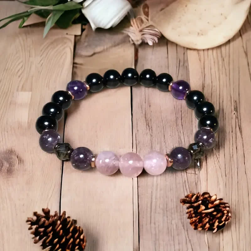 Aurora - Bracelet de perles en quartz rose, obsidienne et améthyste