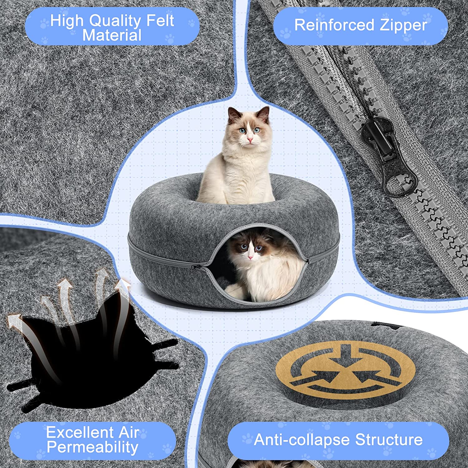 Purrfect Den - Tunnel Chat Luxe avec Couchage 50cm