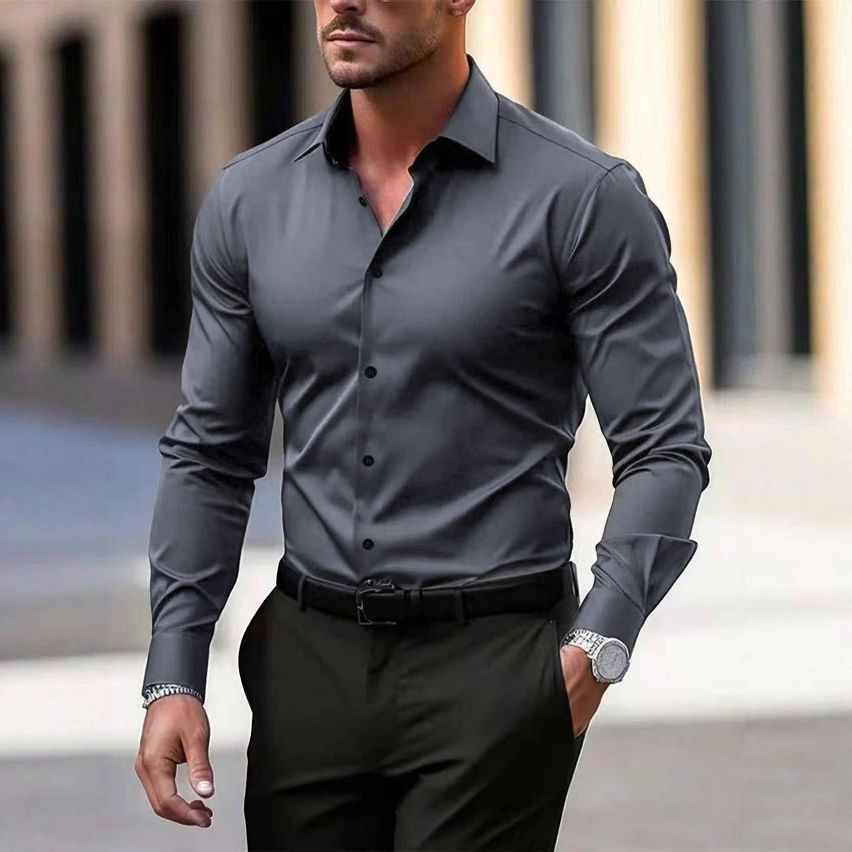 Chemise Homme À Manches Longues - Élégante Avec Col Ouvert Pour Usage Quotidien 1