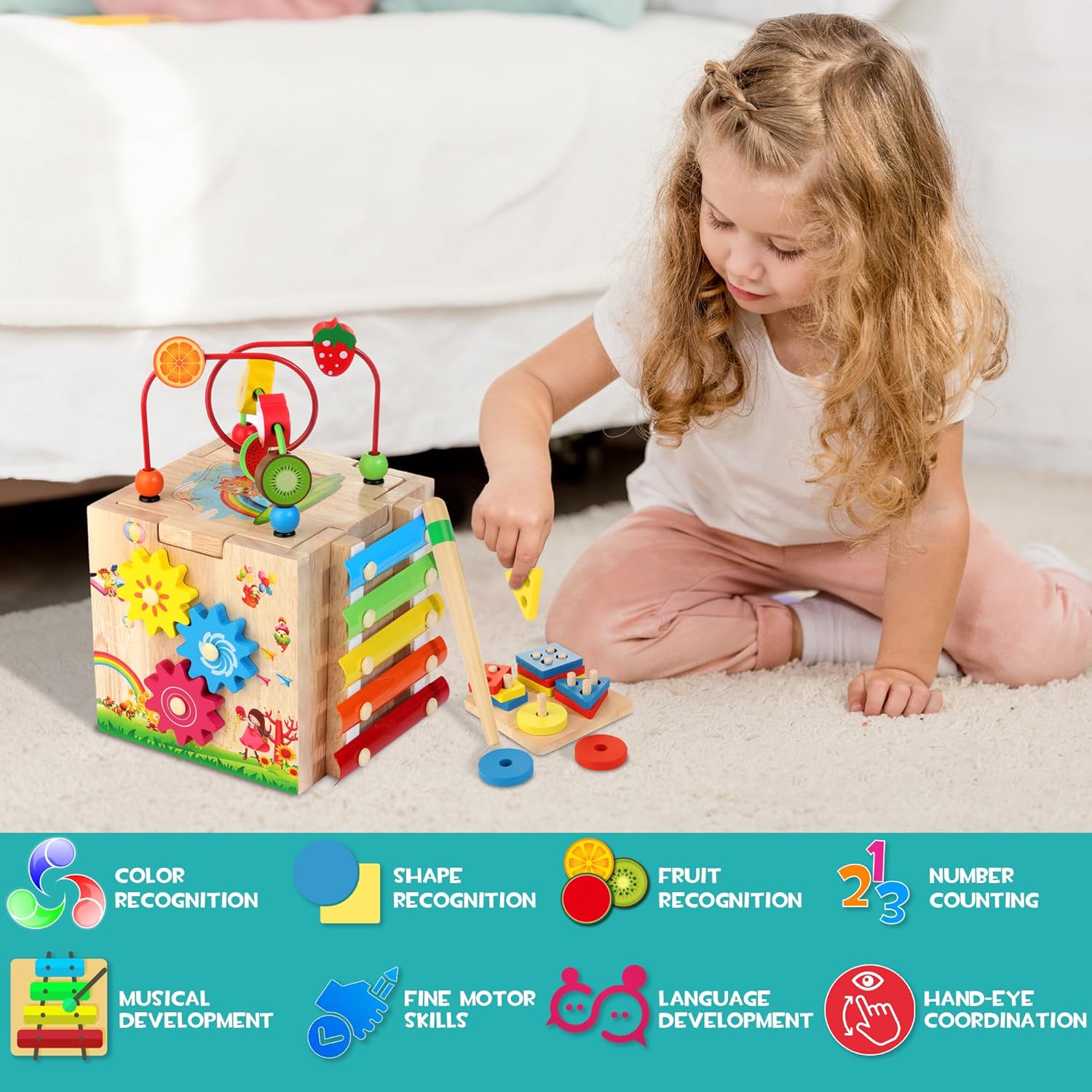 Cube d'Activités Montessori | Jouet Éducatif 8 en 1 avec Labyrinthe et Xylophone | Développement de la Motricité pour Bébé 7