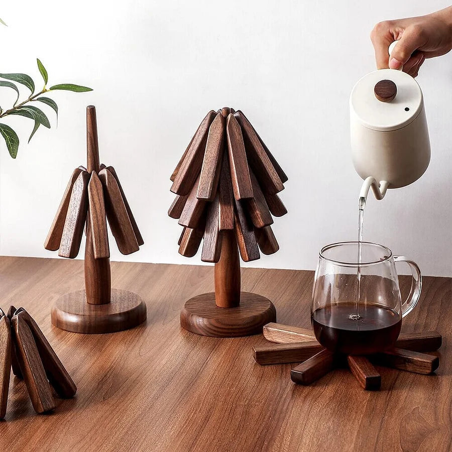 Élégance Naturelle | Sous-Verres en Bois de Noyer avec Support Innovant | Protection et Style pour Votre Table 0