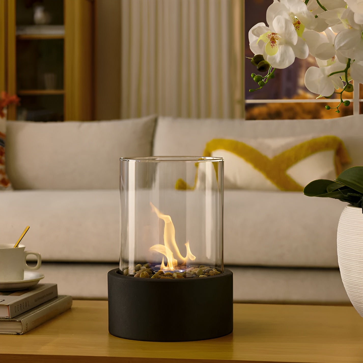 Foyer de Table Éthanol Élégant avec Base en Métal Noir ? Ambiance Chic pour Intérieur et Extérieur 1