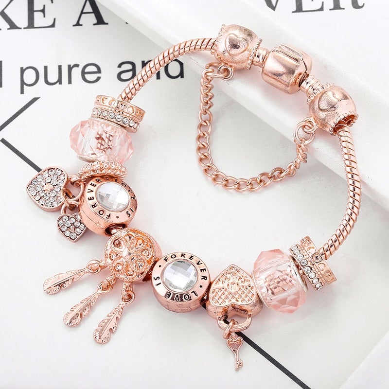 Bracelet attrape-rêves rose en argent sterling à charms