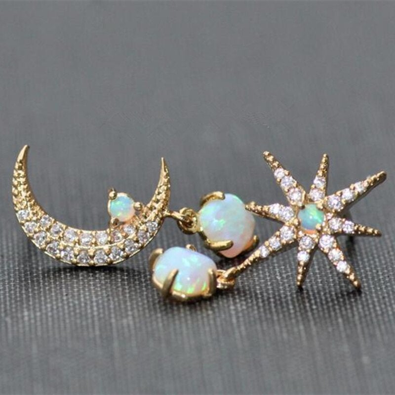 Aurora - Boucles d'oreilles or lune, étoile et opale