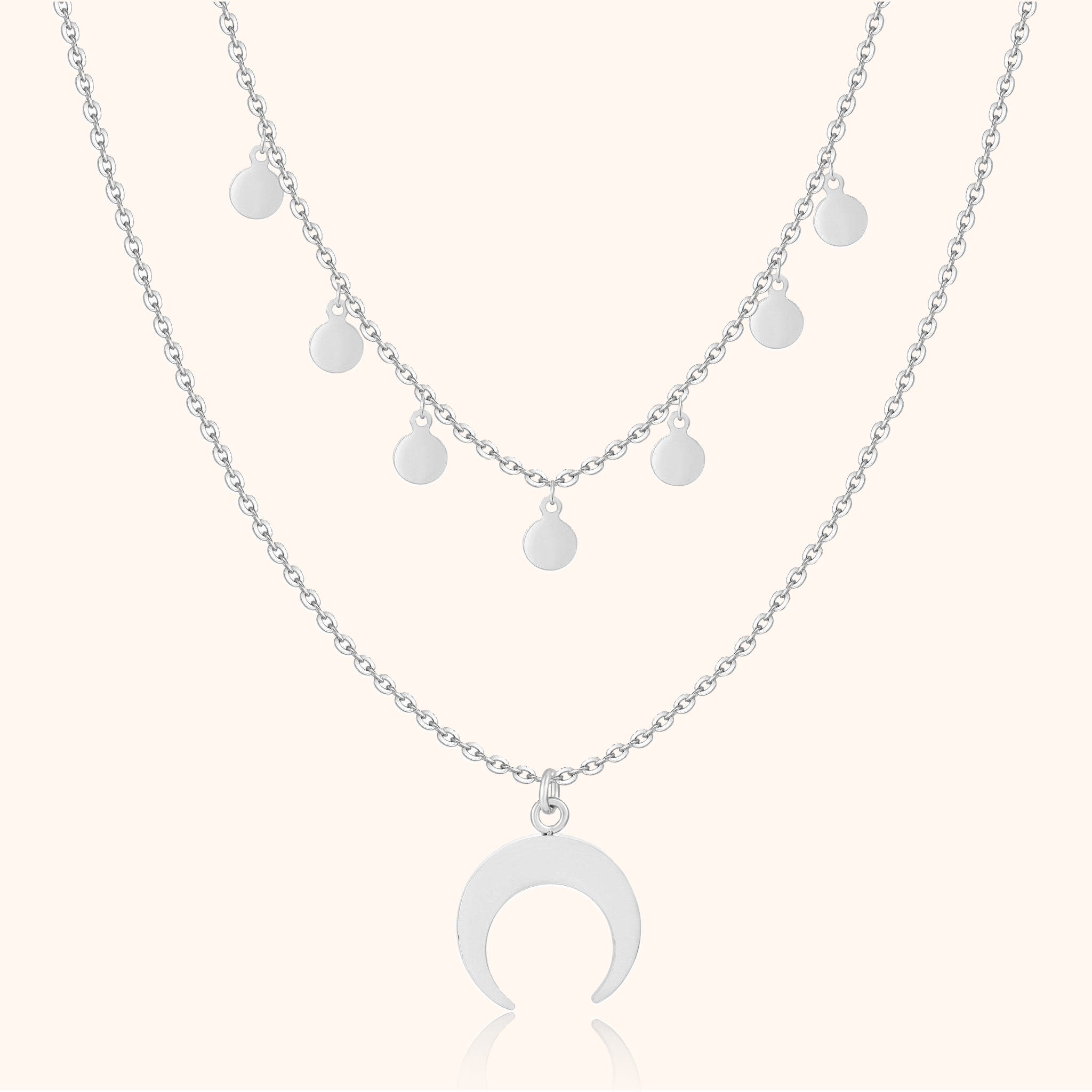 Luna - Collier double lune en argent à cercles multicouche