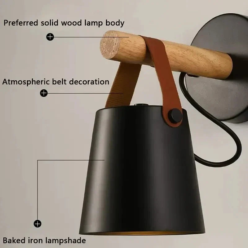 NordicGlow Light - Applique Murale LED en Bois avec Accents en Cuir