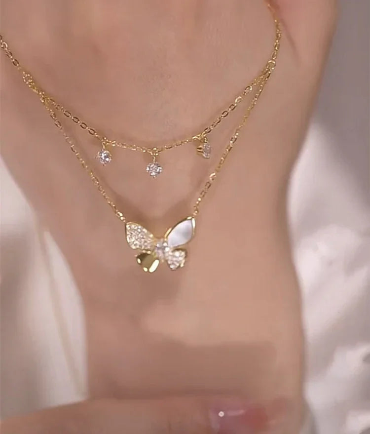 Elayna - Collier papillon double couche en zircone et nacre