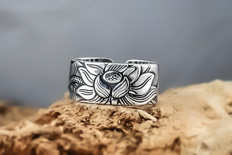 Bague Lotus Sutra Argent 925 Réglable Unisexe