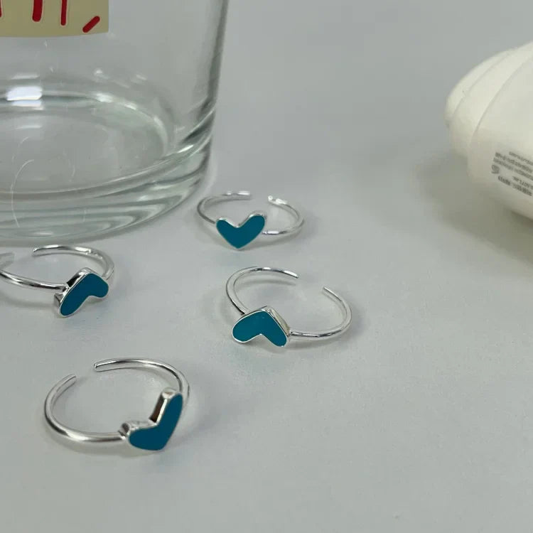 Ameline - Bague cœur en argent goutte bleue réglable