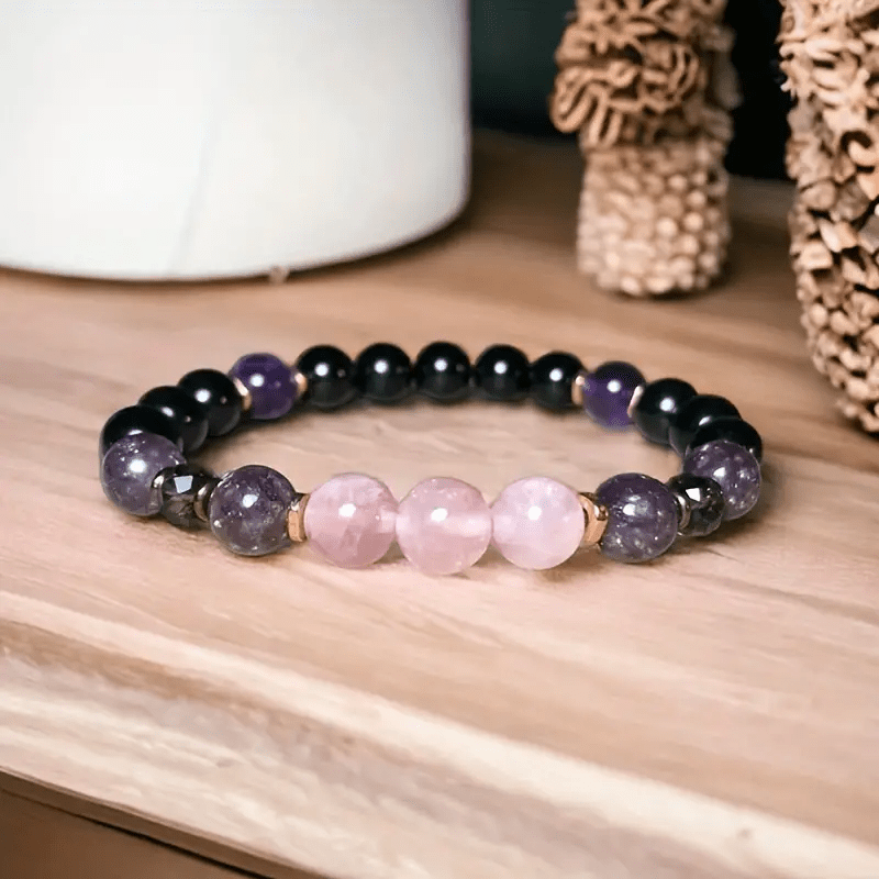 Aurora - Bracelet de perles en quartz rose, obsidienne et améthyste