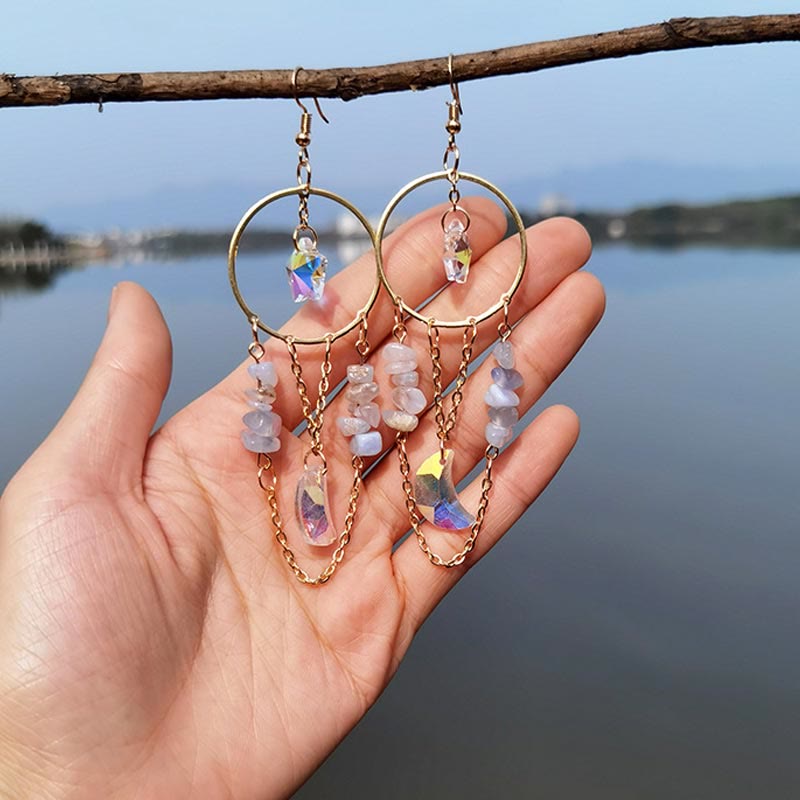 Elara - Boucles d'oreilles cristal naturel lune et étoiles
