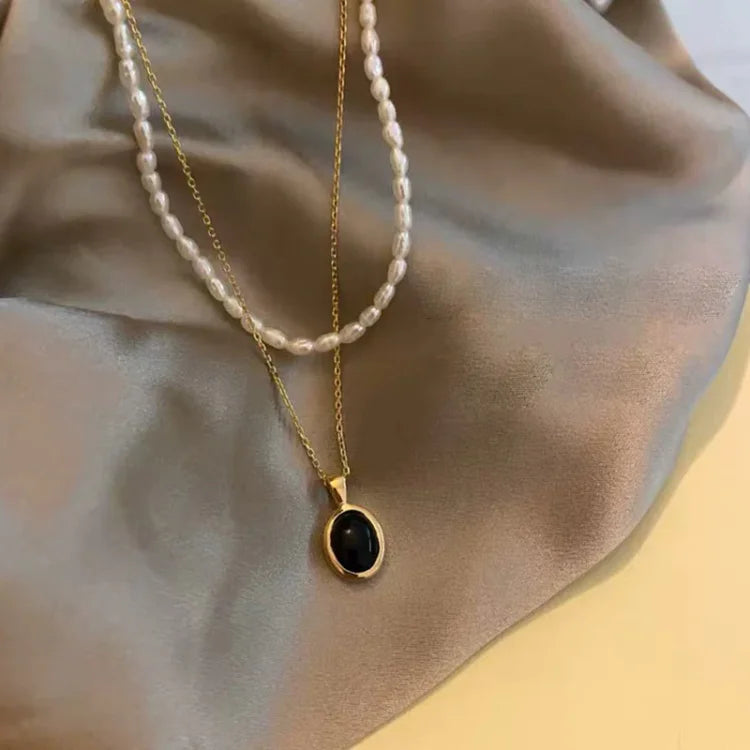 Aria - Collier superposable en onyx noir et perle