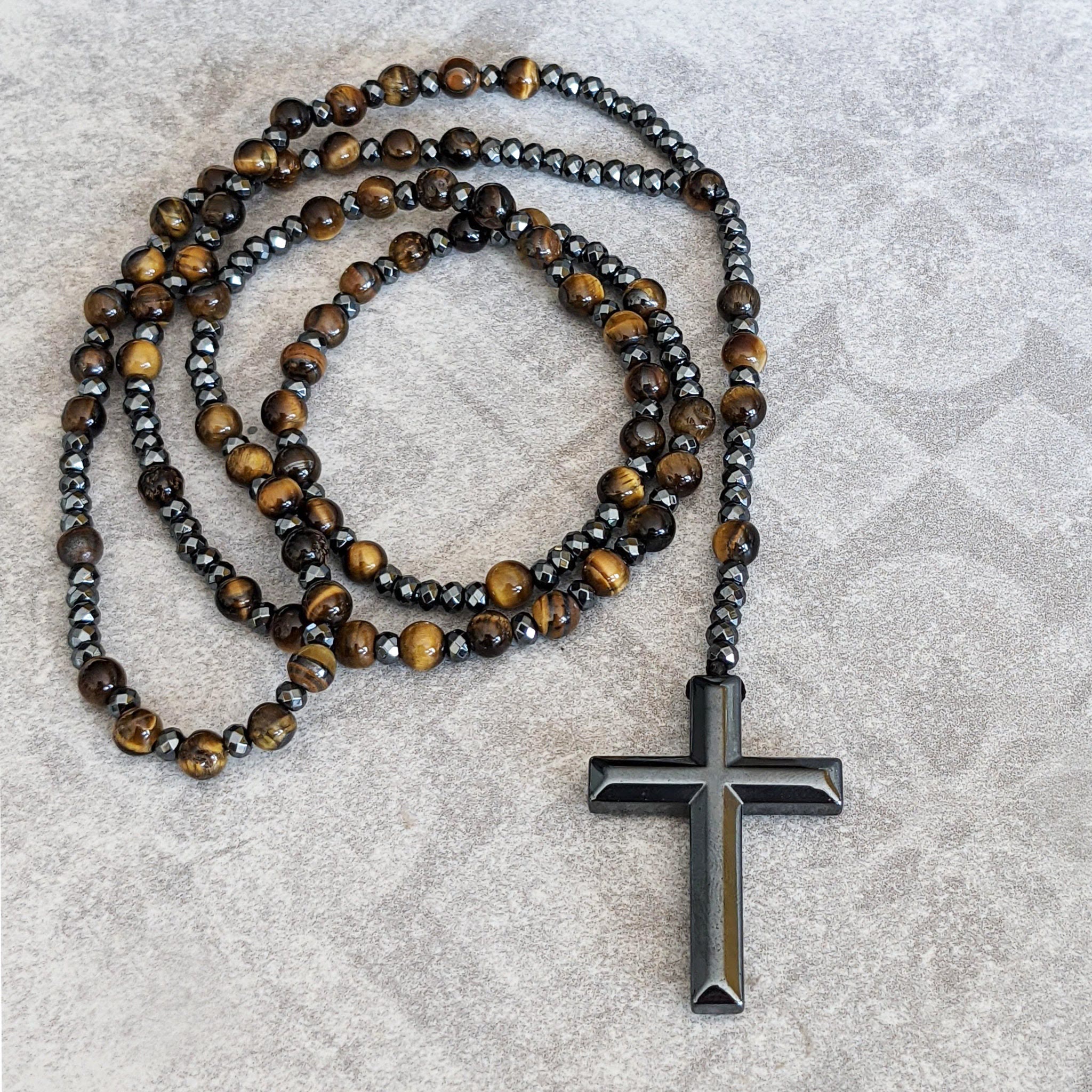 Collier Rosaire Croix Orion - Œil de Tigre Lapis