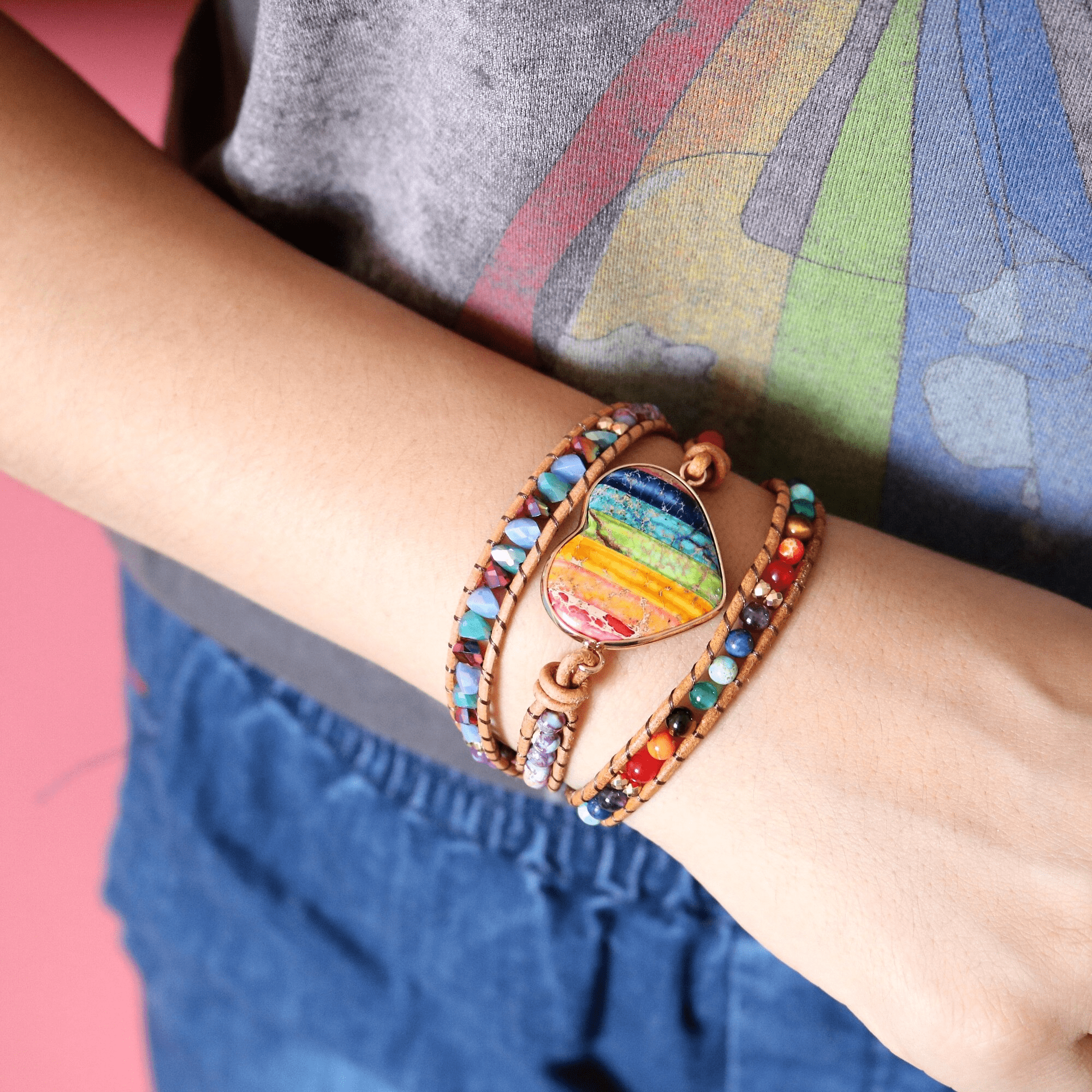 Liora Bracelet Wrap Chakra Cœur – Jaspe Boho Équilibre