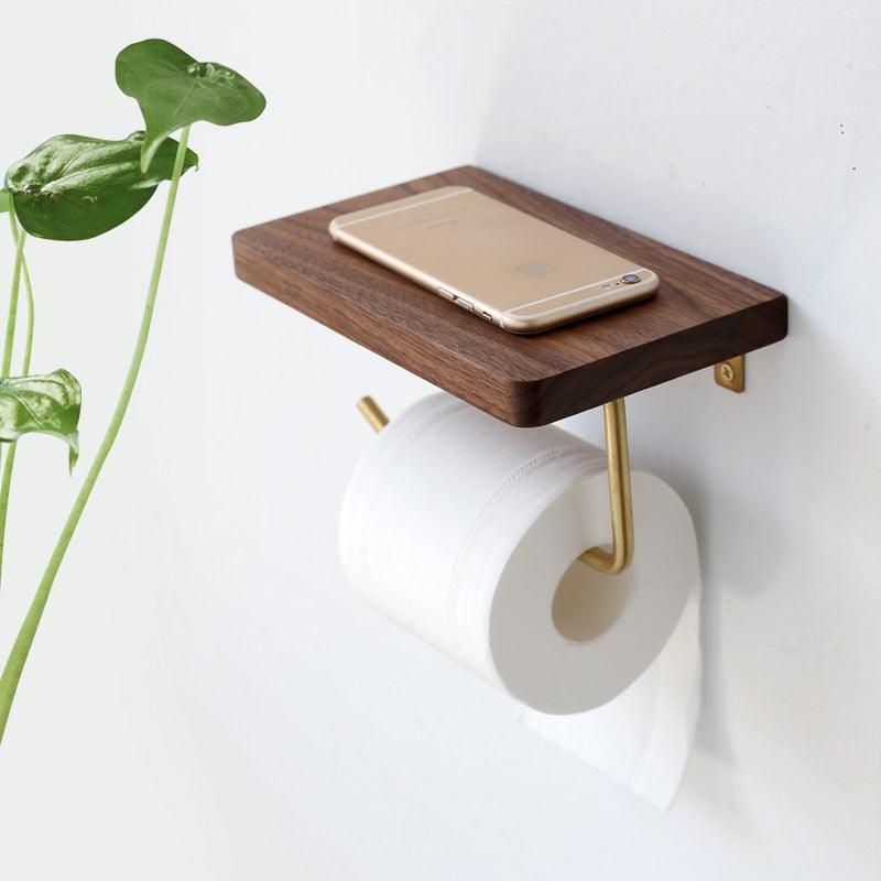 WoodNest - Porte-rouleau de papier toilette en bois avec tablette de rangement