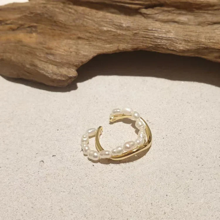 Ivy - Bague double couche dorée avec perle d'eau douce