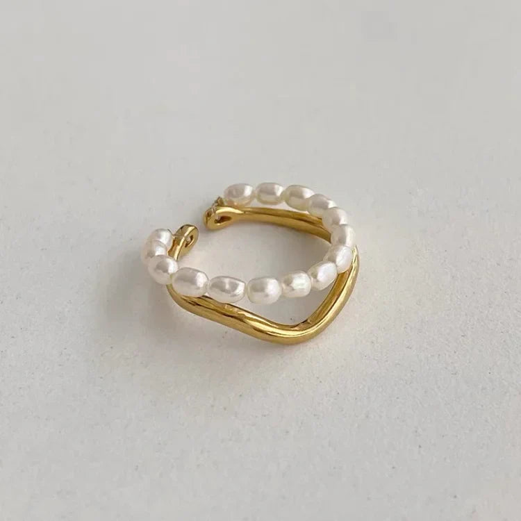 Ivy - Bague double couche dorée avec perle d'eau douce