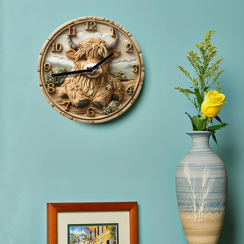 HighlandCharm - Horloge murale rustique à motif de vache