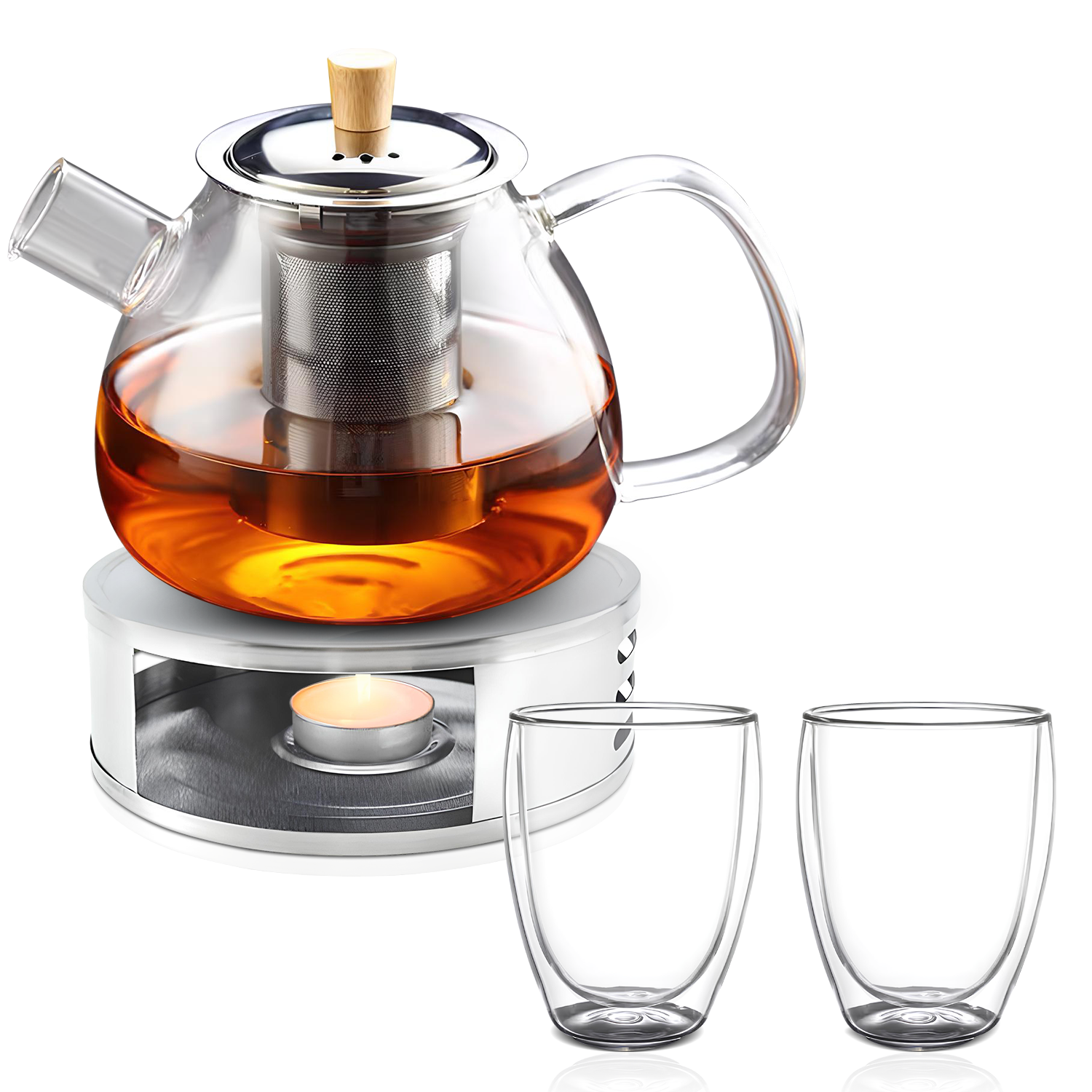 TeaFusion - Théière en Verre avec Filtre et Support Chauffant