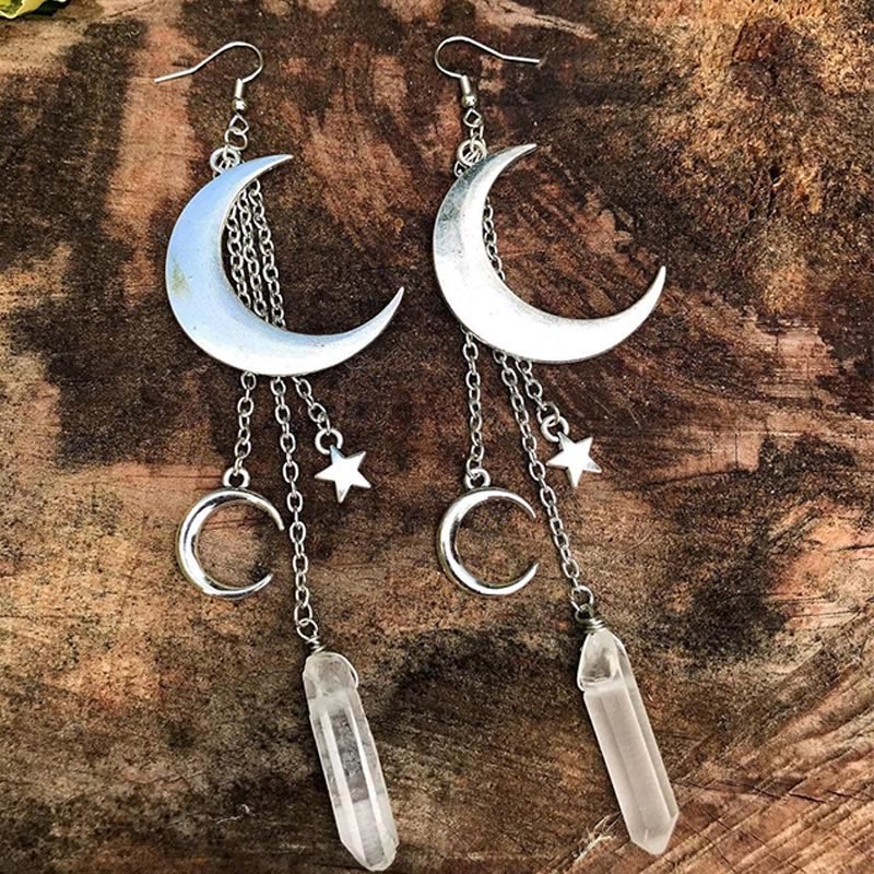 Elara - Boucles d'oreilles cristal naturel lune et étoiles