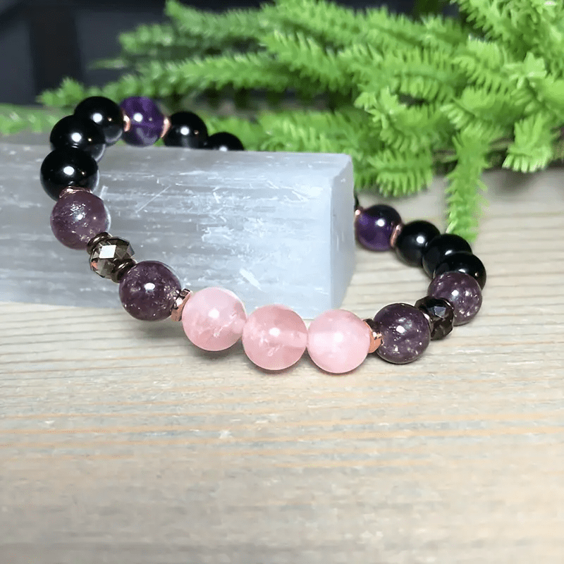 Aurora - Bracelet de perles en quartz rose, obsidienne et améthyste