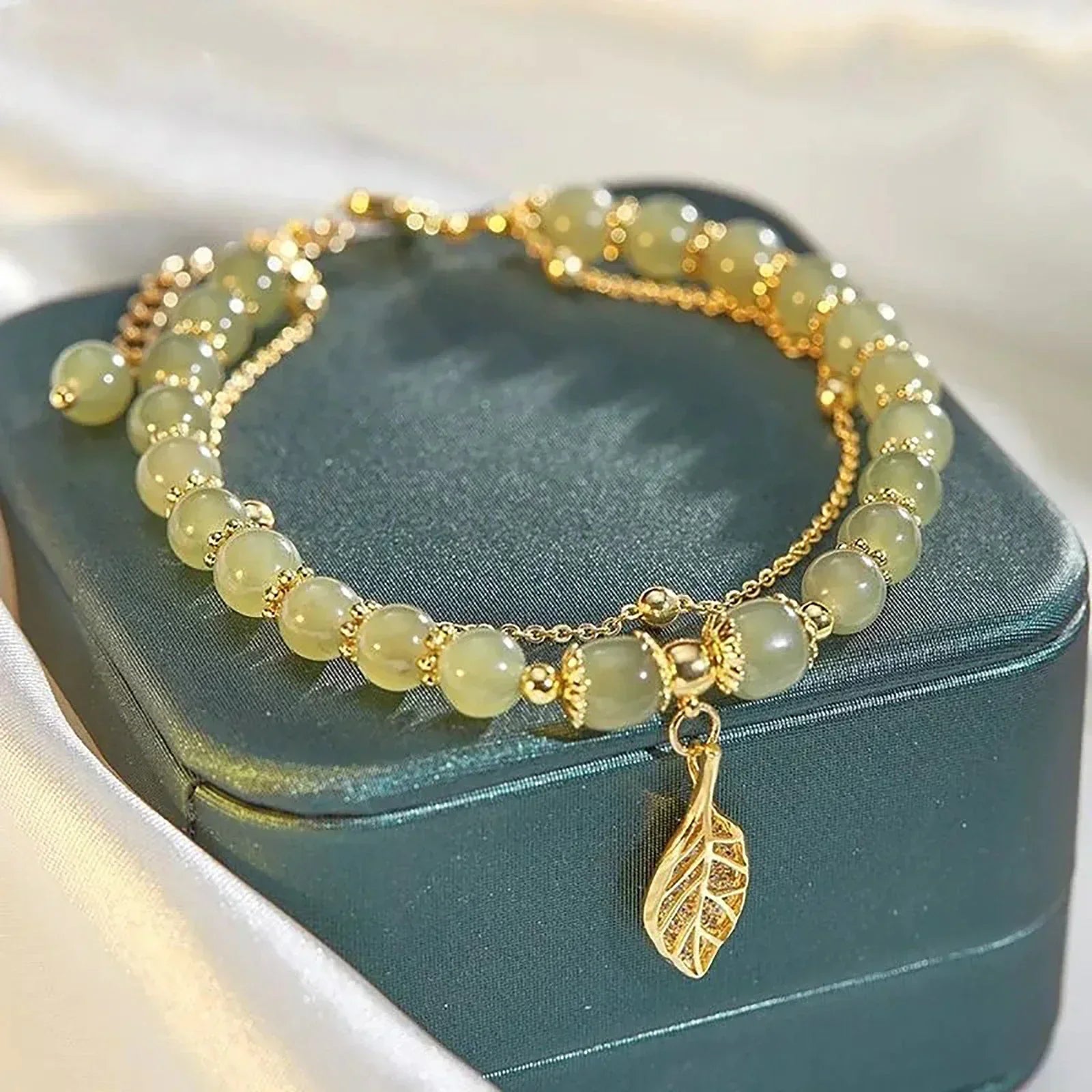 Bracelet feuille de jade doré 18K réglable, équilibre