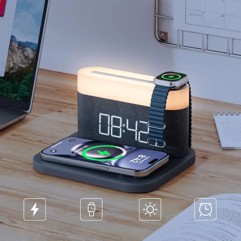 LuxeCharge Pro - Chargeur sans fil 15W avec veilleuse et fonction réveil