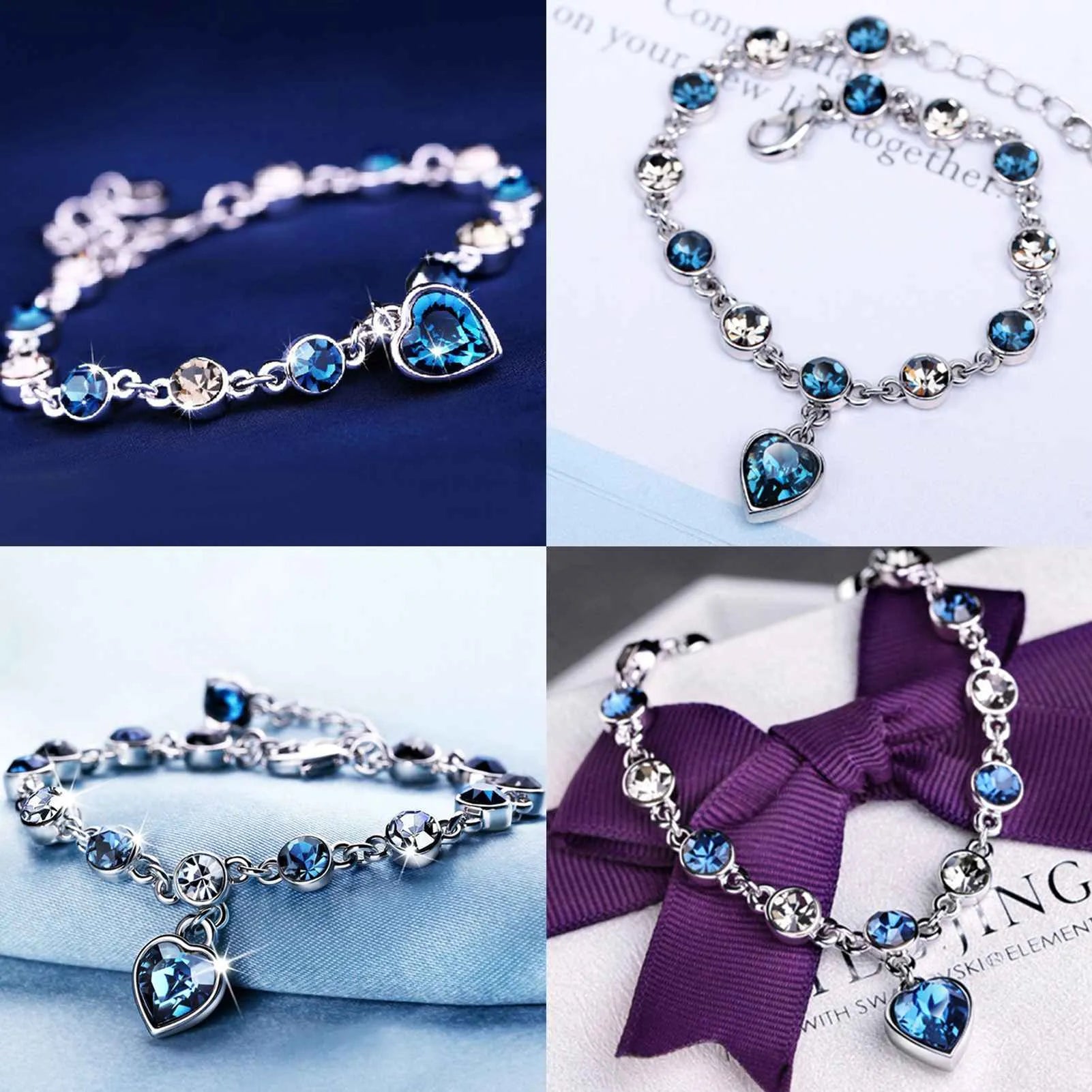 Bracelet Cristal Cœur Océan - Charme Bleu Zirconia