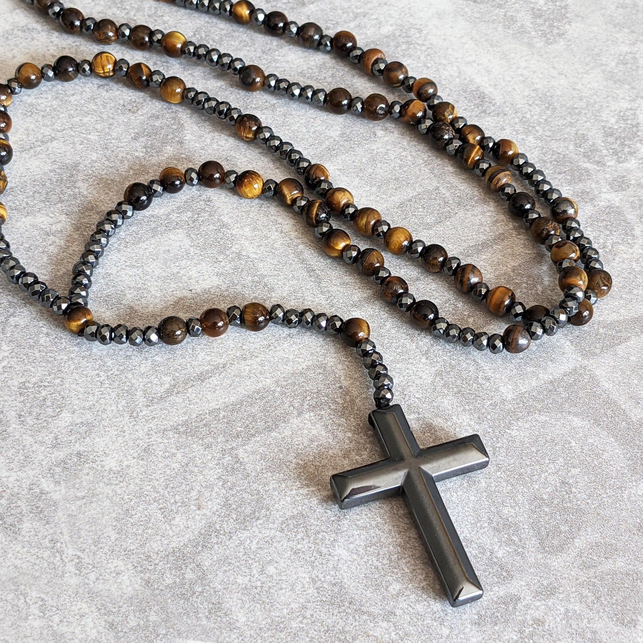 Collier Rosaire Croix Orion - Œil de Tigre Lapis