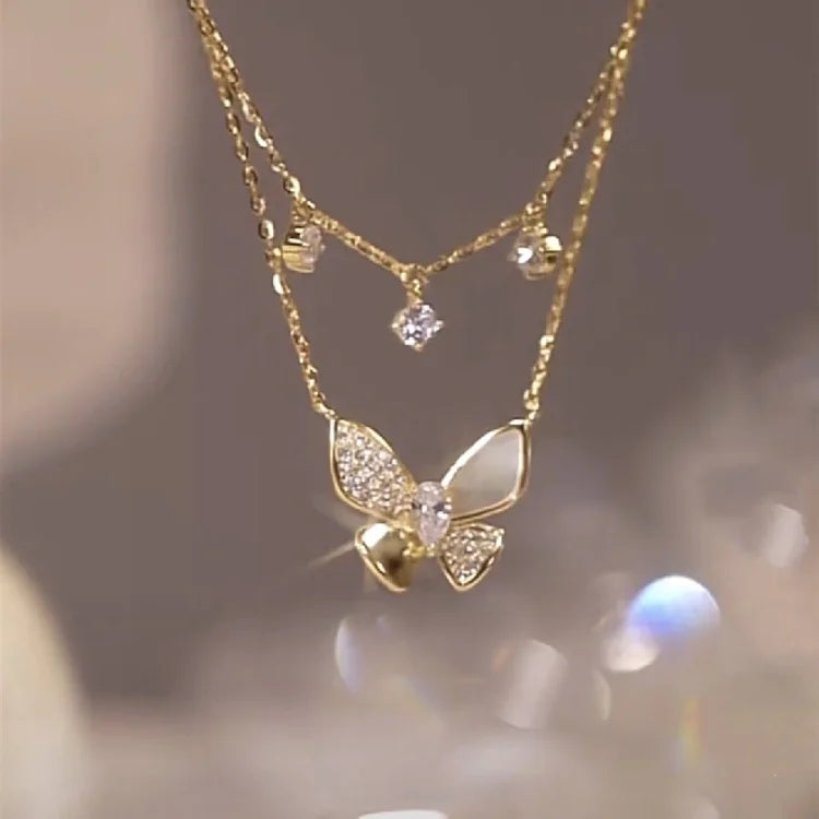 Elayna - Collier papillon double couche en zircone et nacre