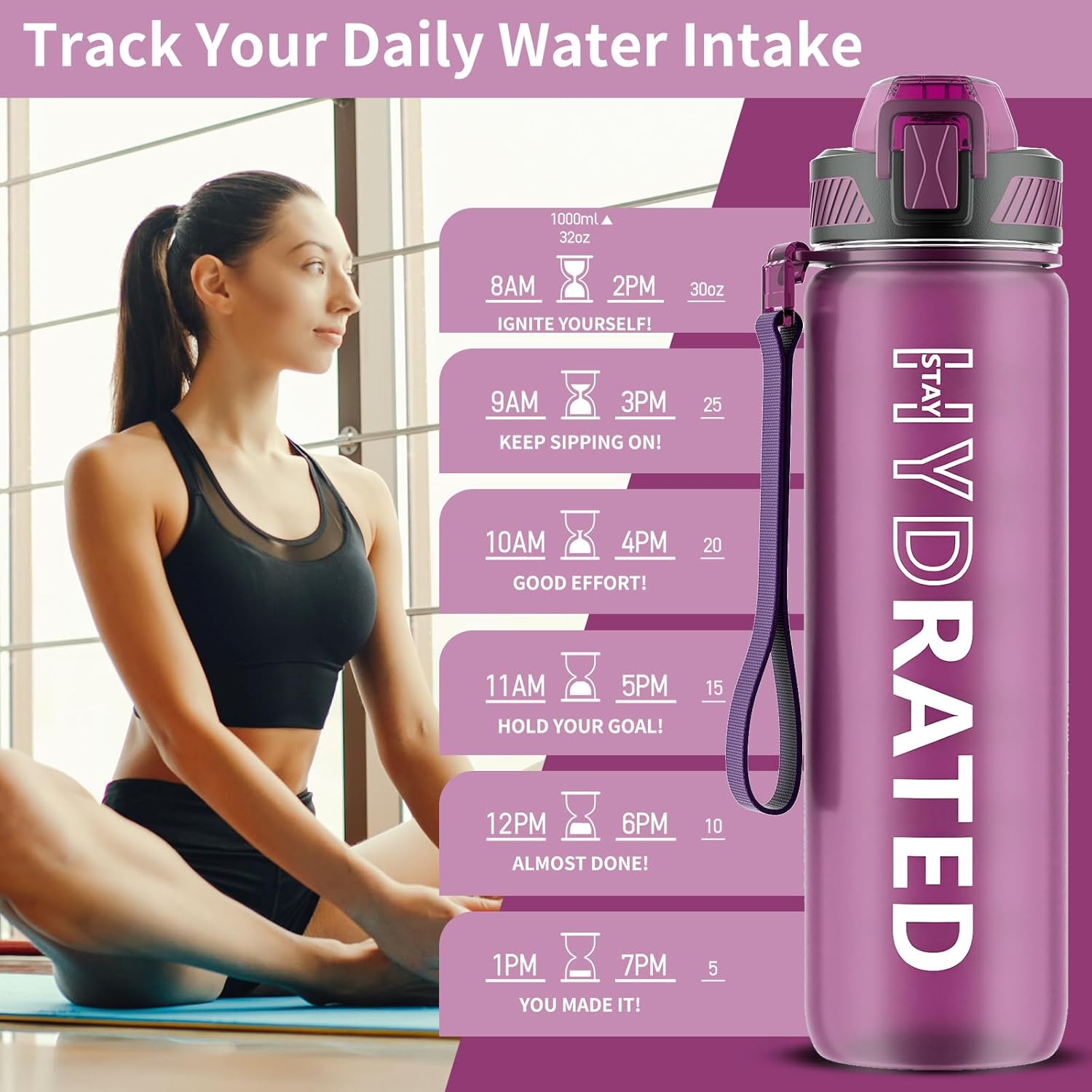 HydraFlow – Gourde Sport Motivante avec Paille