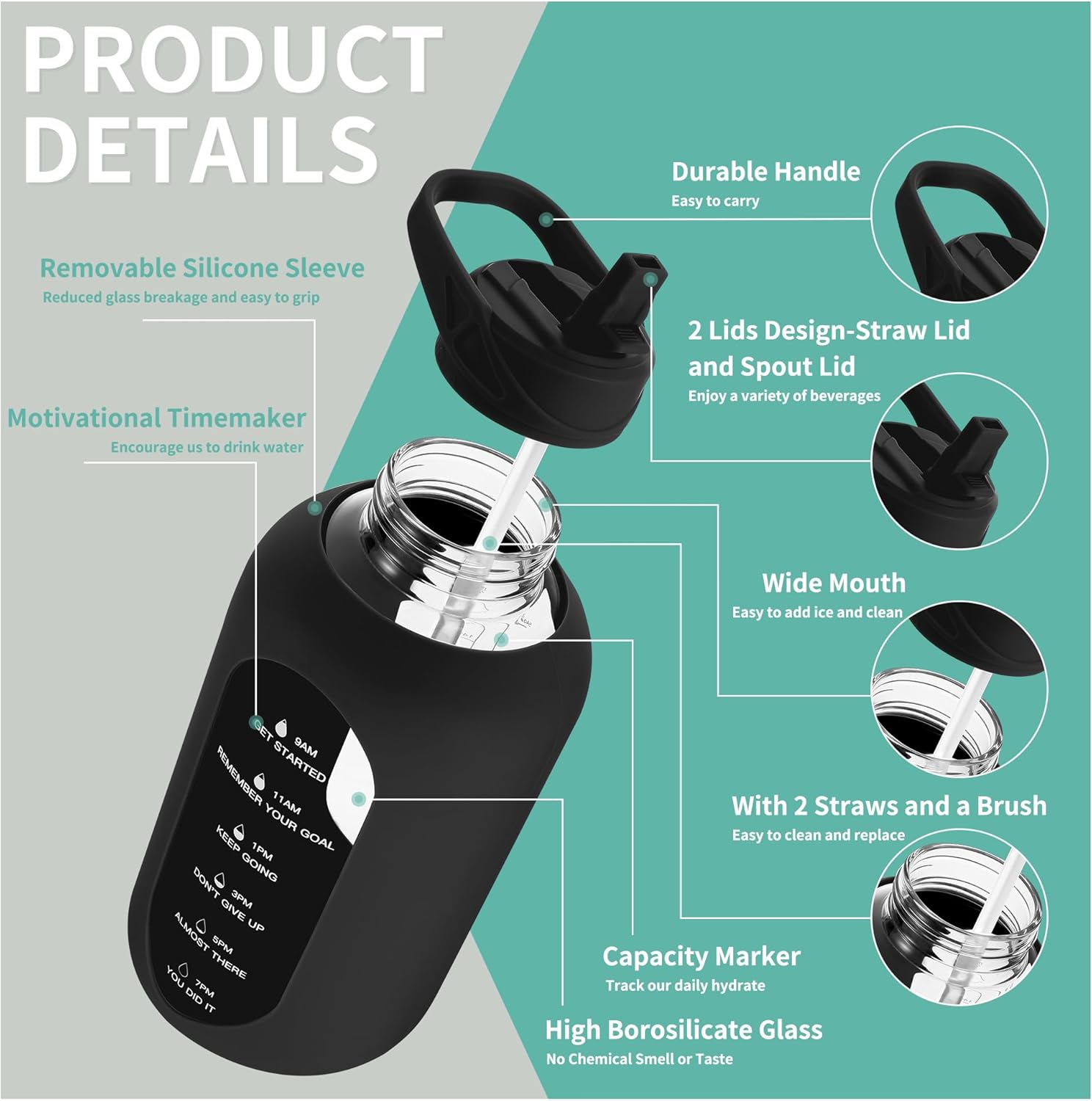 HydroGlow - Gourde Verre Motivation 900ml avec Paille