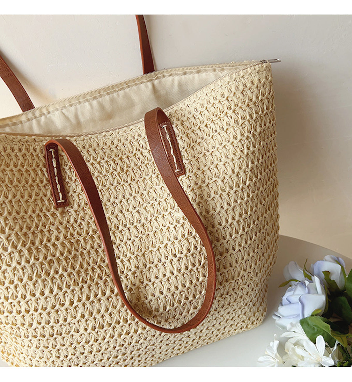 SummerBreeze Tote - Sac Osier Stylé Anses en Cuir
