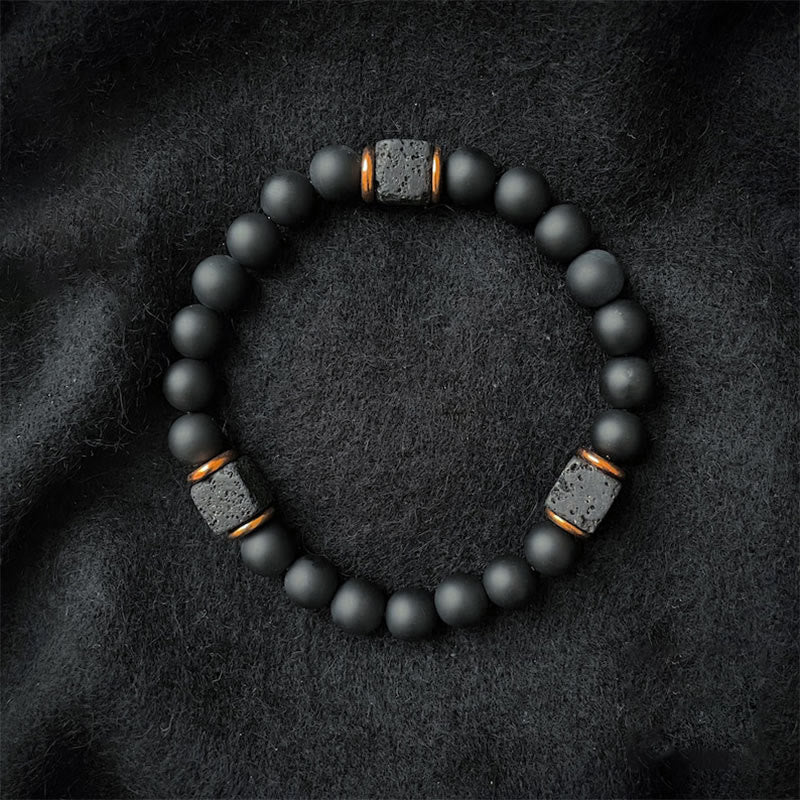 Aurelia - Bracelet équilibre onyx noir, cube et pierre de lave