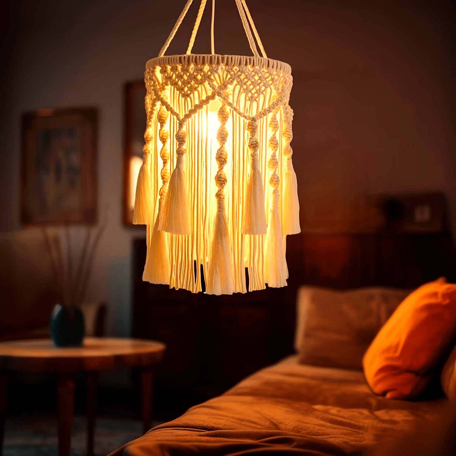 BohoTwist Pendant - Abat-jour boheme tisse main a pompons