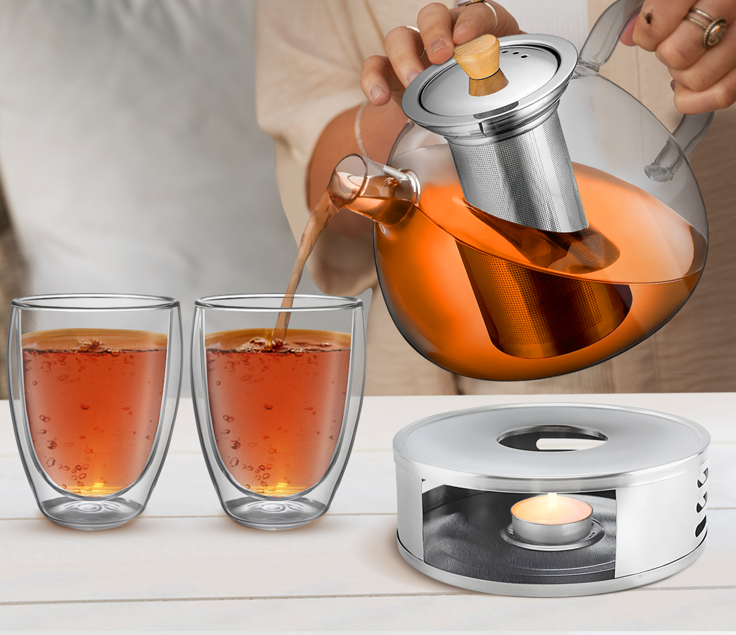 TeaFusion - Théière en Verre avec Filtre et Support Chauffant
