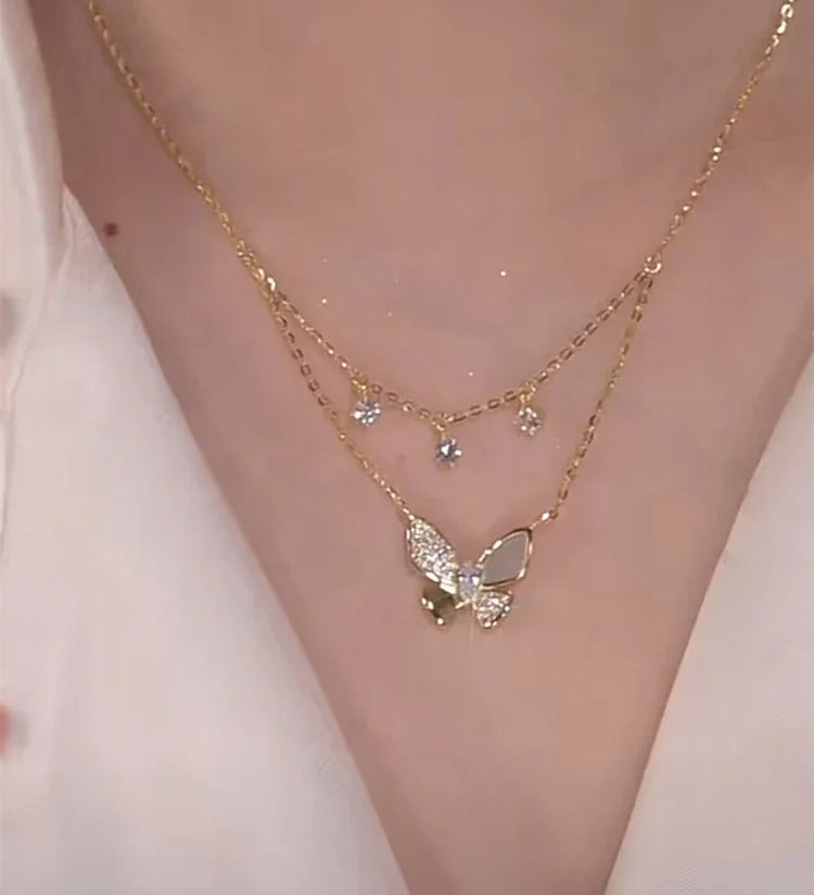 Elayna - Collier papillon double couche en zircone et nacre