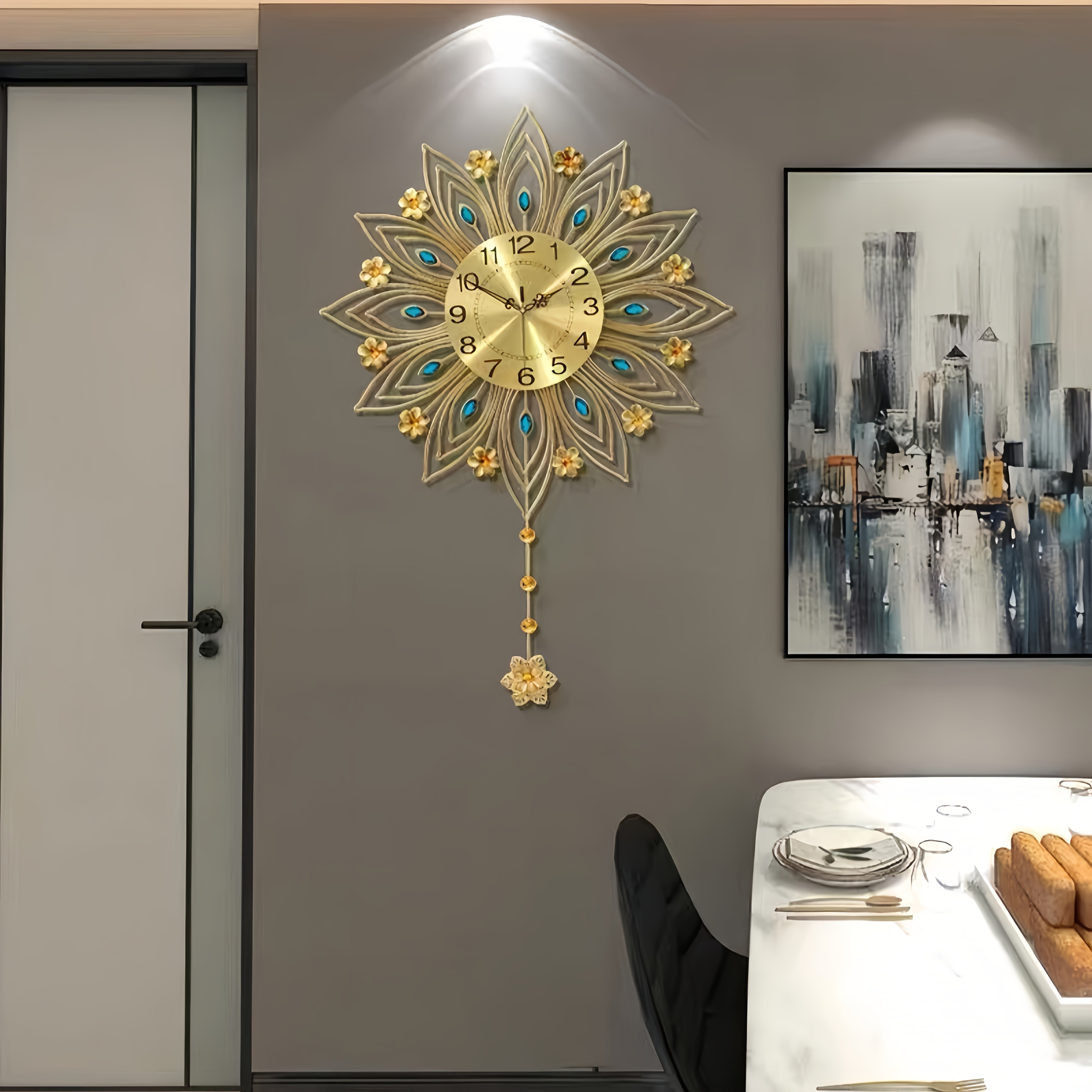 GoldenBloom Clock - Horloge Murale Silencieuse de Luxe a Motif Floral