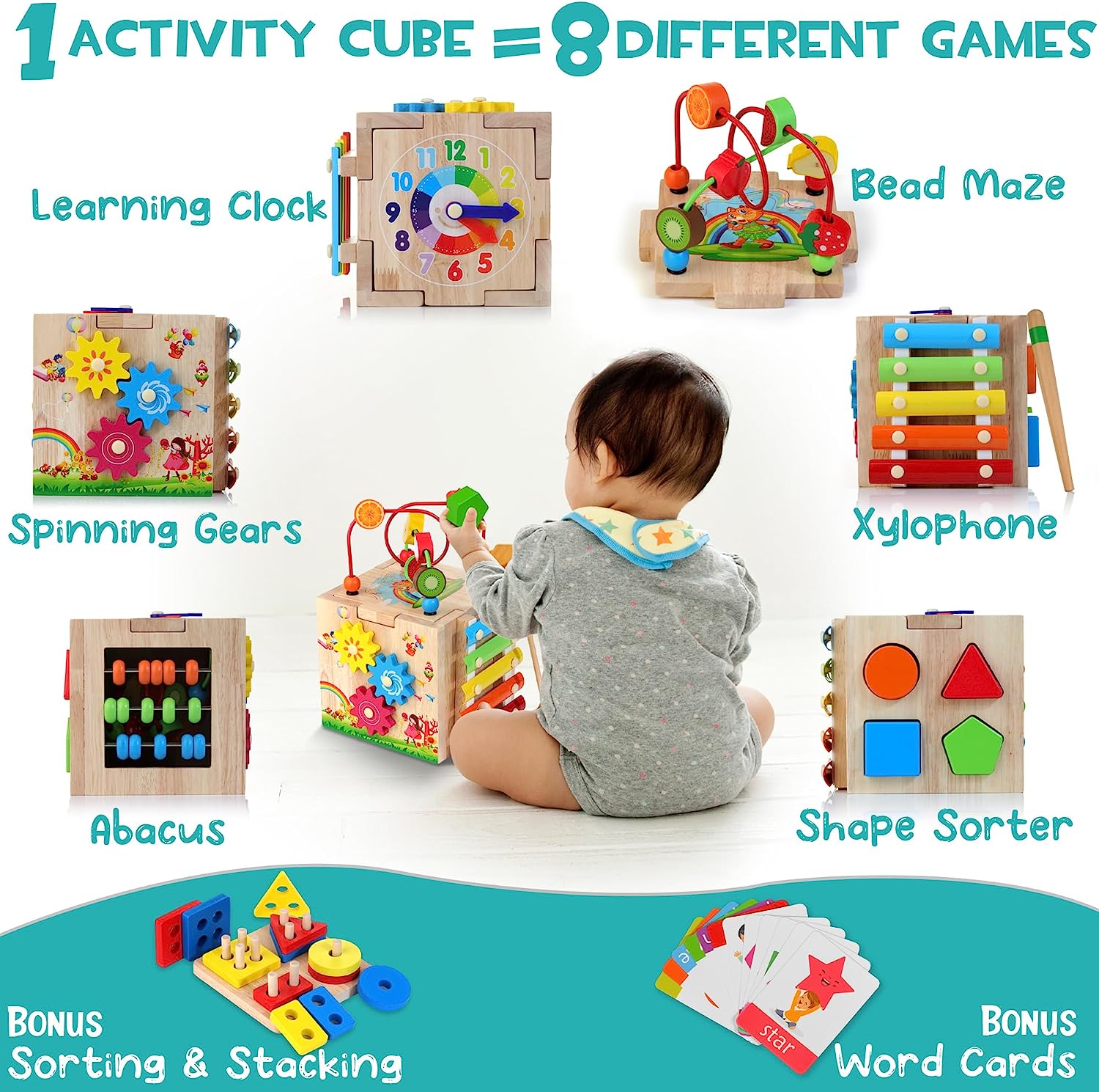Cube d'Activités Montessori | Jouet Éducatif 8 en 1 avec Labyrinthe et Xylophone | Développement de la Motricité pour Bébé 2